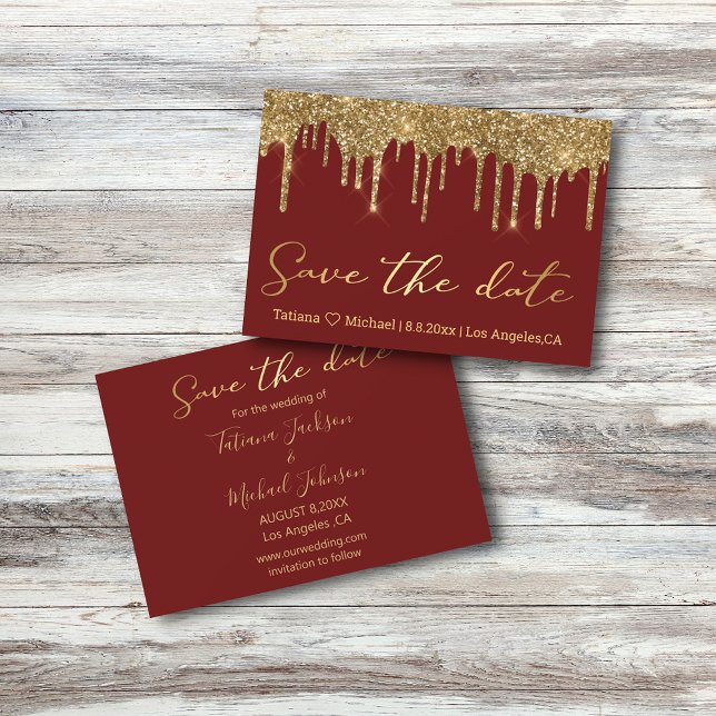 save the date gold dripping glitters  red wedding card (Creator Uploaded)
