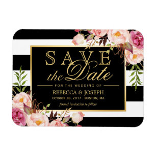 Save the Date - Gold Floral Decor B&W Stripes Magnet