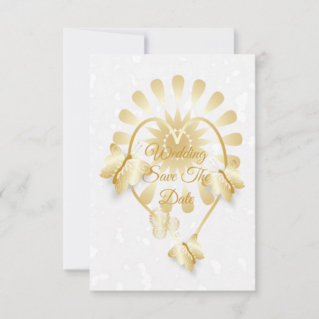 Save The Date Gold Floral Heart Butterflies Invitation (Front)