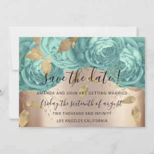 Save The Date Gold Floral Roses Aqua Blue