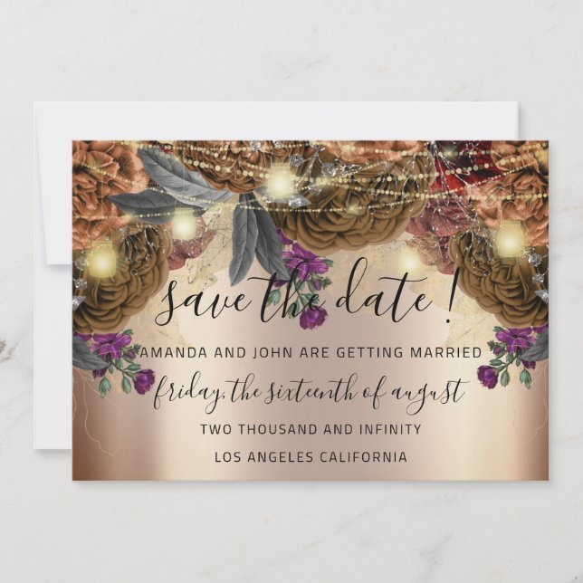 Save The Date Gold Floral Roses Autumn Brown (Front)