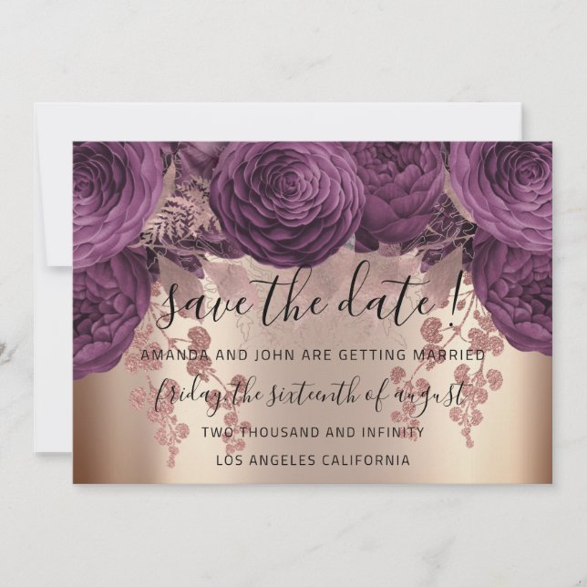 Save The Date Gold Floral Roses Autumn Purple  (Front)