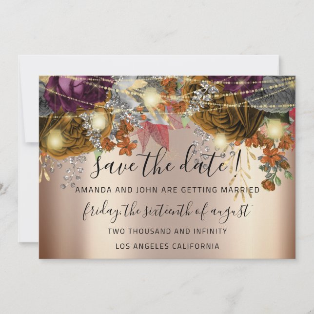 Save The Date Gold Floral Roses Lights  (Front)