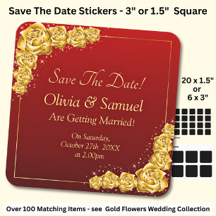 Save The Date - Gold Flowers Maroon Red Square Sticker
