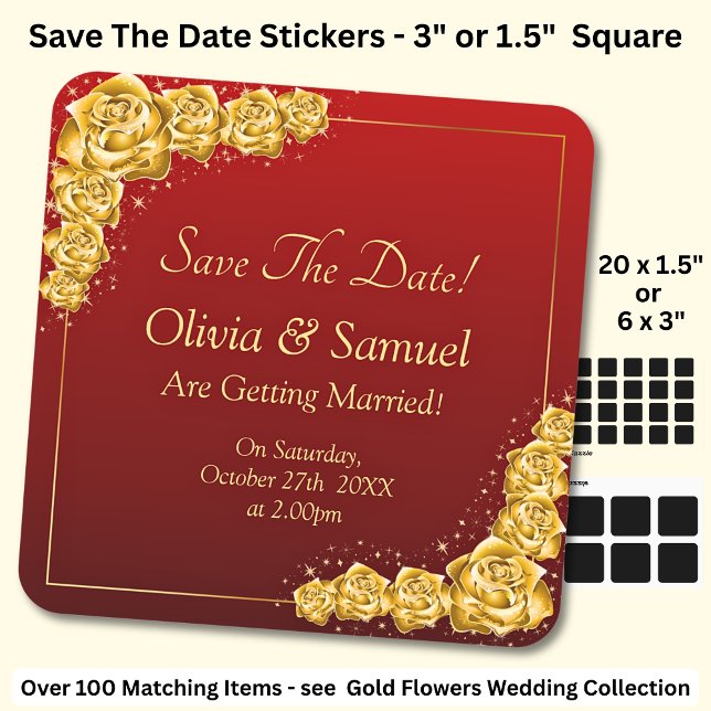 Save The Date - Gold Flowers Maroon Red  Square Sticker (Creator Uploaded)