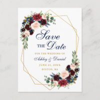 Save the Date Gold Frame Burgundy Blue Floral