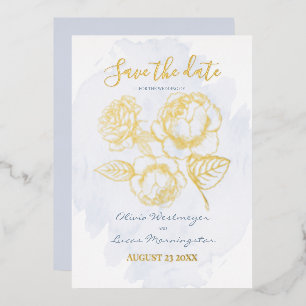 SAVE THE DATE Gold Gilded Rose on Dusty Blue
