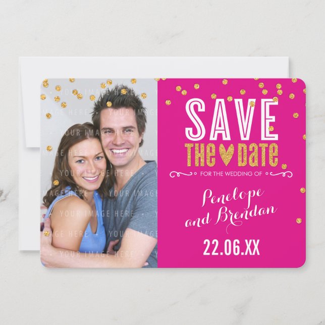SAVE THE DATE gold glitter confetti fuschia pink (Front)