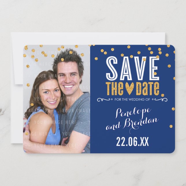 SAVE THE DATE gold glitter confetti royal blue (Front)