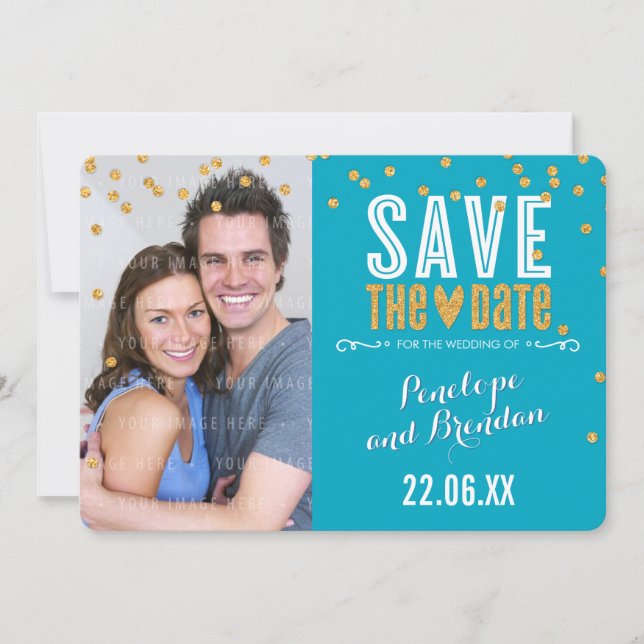 SAVE THE DATE gold glitter confetti turquoise blue (Front)