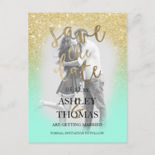 Save the Date gold glitter mint script photo Announcement Postcard