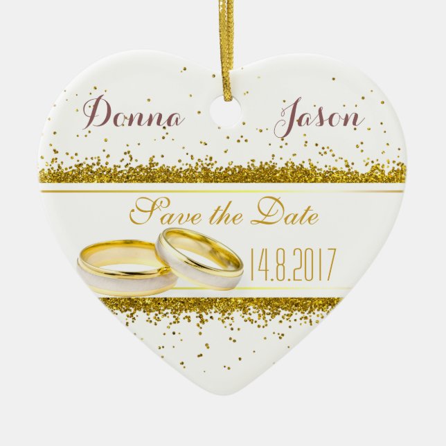 Save the Date Gold Glitter Rings - Heart Ornament (Front)