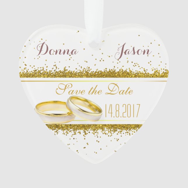 Save the Date Gold Glitter Rings - Heart Ornament (Front)
