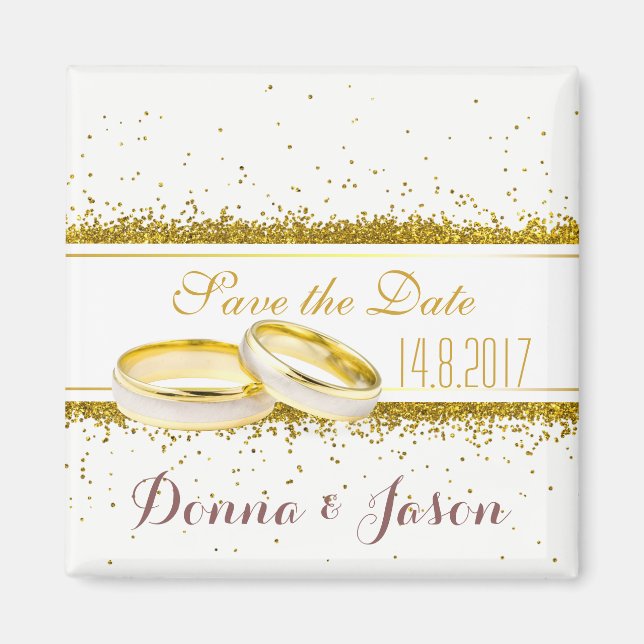 Save the Date Gold Glitter Rings - Magnet (Front)