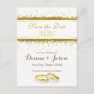 Save the Date Gold Glitter Rings - Postcard