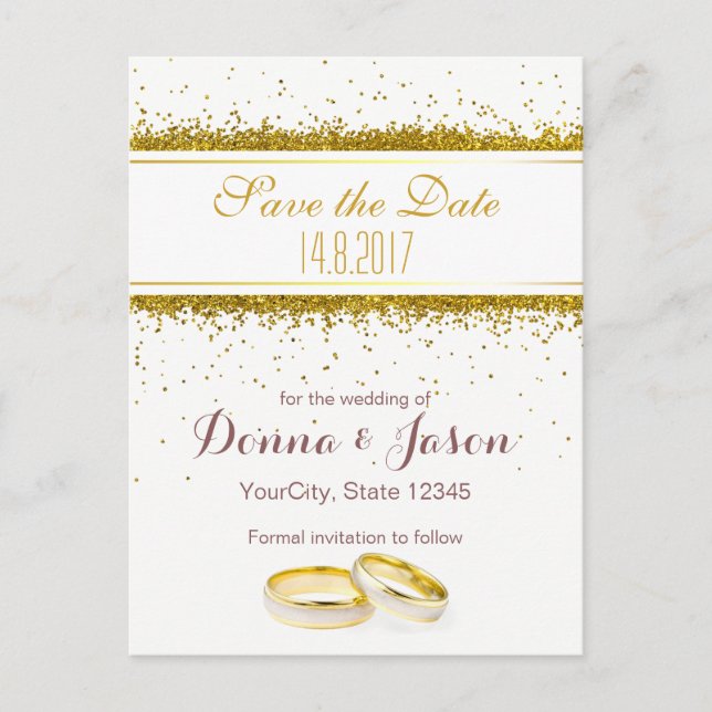 Save the Date Gold Glitter Rings - Postcard (Front)