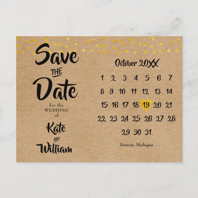 Save the Date Gold Heart Calendar Rustic Boho Announcement Postcard (Front)