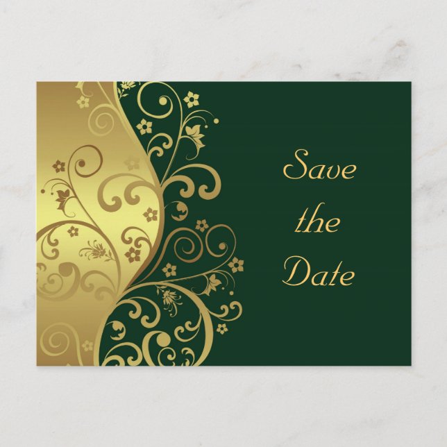 Save the Date--Gold Swirls & Dark Green Announcement Postcard (Front)