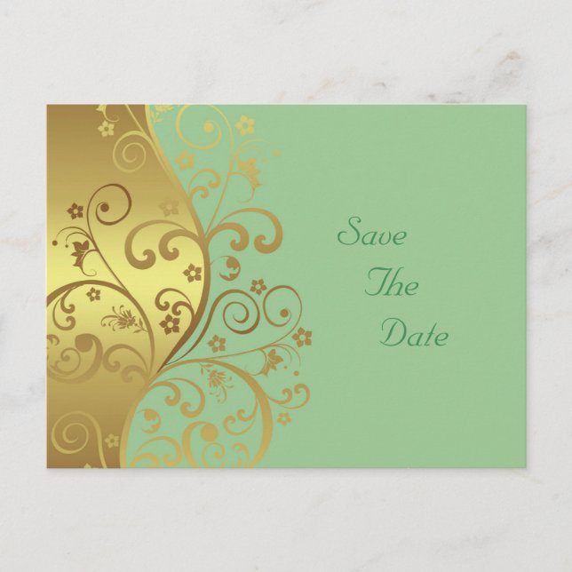 Save the Date--Gold Swirls & Seafoam Announcement Postcard (Front)
