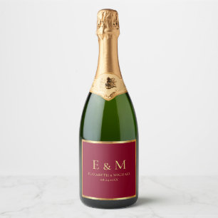 Save the Date Gold Text Monogram Elegant Burgundy Sparkling Wine Label