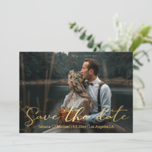 save the date gold trendy scrip wedding photo card