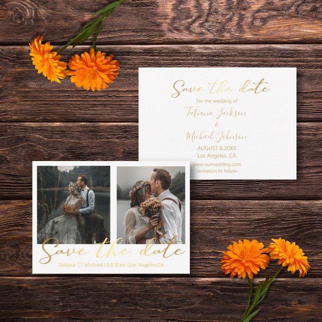 save the date gold wedding 2 photos collage card (Creator Uploaded)