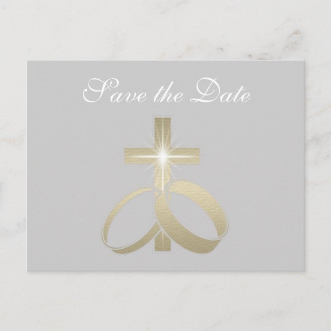 Save the Date Gold Wedding Rings and Cross Announcement Postcard (Front)