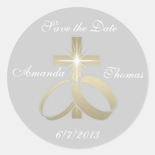 Save the Date Gold Wedding Rings and Cross Classic Round Sticker