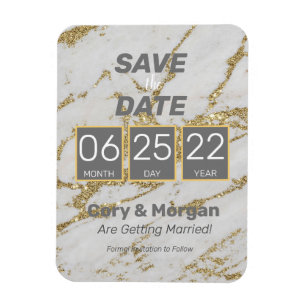 SAVE the DATE Gold & White Marble Look Magnet