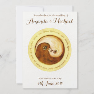 SAVE THE DATE Gold YinYang doves wedding card