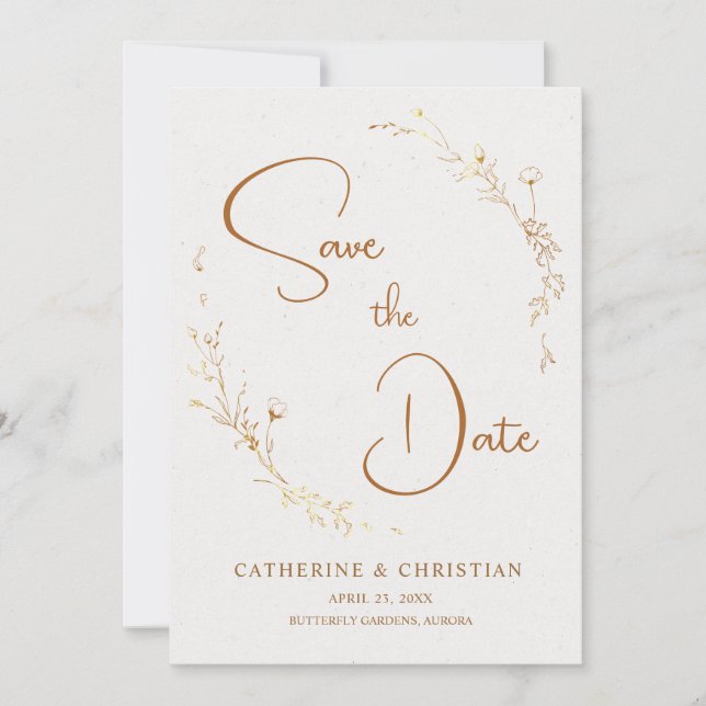 Save the Date Golden Outline Flowers Invitation (Front)