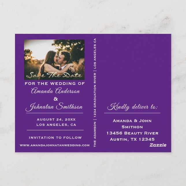 Save The Date Golden Script Photo Purple Postcard (Back)