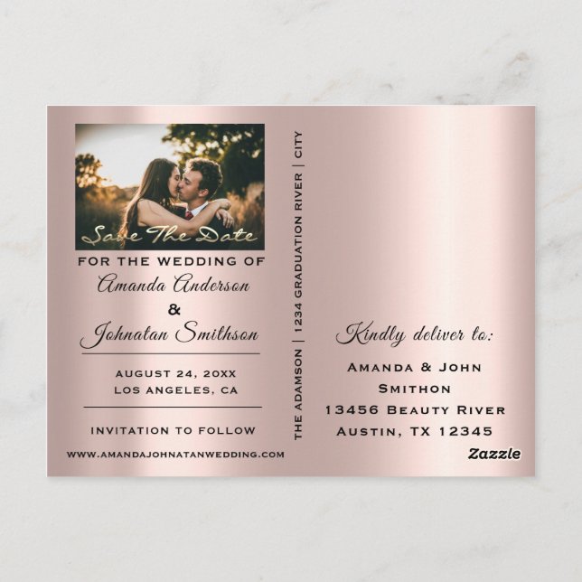 Save The Date Golden Script Photo Rose Blush Moder Postcard (Back)