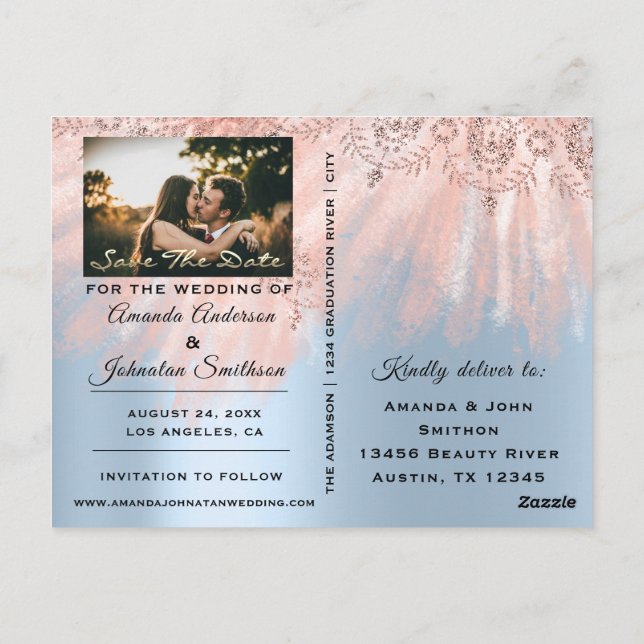 Save The Date Golden Script Photo Rose Royal Blue Postcard (Back)