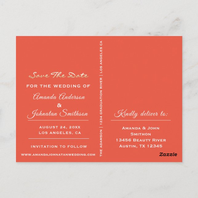 Save The Date Golden Script Photo Vivid Coral Postcard (Back)