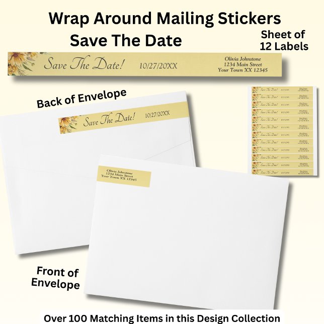 Save The Date, Golden Yellow Floral Wrap Around Label (Creator Uploaded)