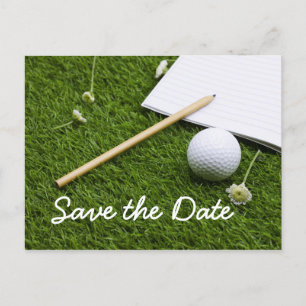 Save the date golf ball with pencil on green invitation postcard