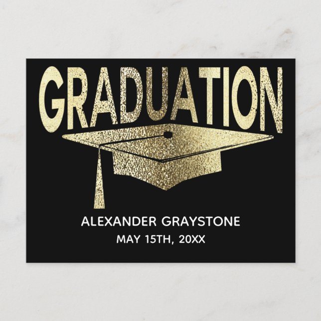 Save The Date Graduation Black & Faux Gold Modern Announcement Postcard (Front)