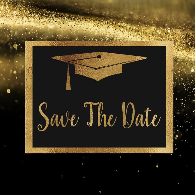 Save The Date Graduation - Black & Faux Gold Style Announcement Postcard (Black and Gold Graduation Save The Date Announcement Card)