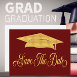 Save The Date Graduation Faux Gold Grad Announcement Postcard<br><div class="desc">Send out this elegant and classy black and faux gold graduation postcard to your family and friends. Graduation Save The Date postcard modern and simple design features a graduation cap. Change the red colour to your own school colour.</div>