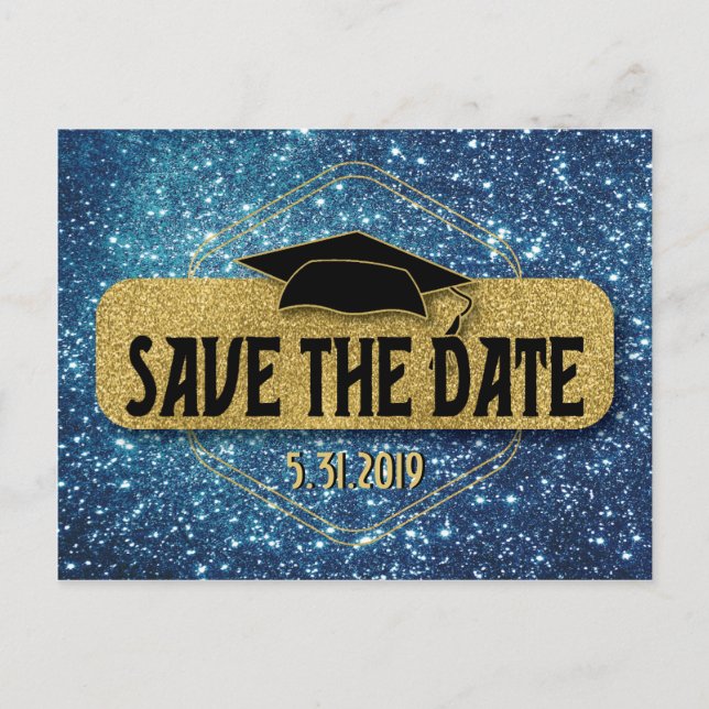 Save The Date Graduation Gold Blue Grad Cap Postcard (Front)