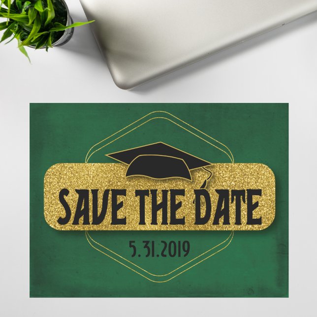 Save The Date Graduation Modern Green Gold Postcard (Creator Uploaded)
