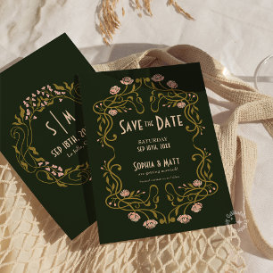 Save The Date Green Art Nouveau Wedding Invitation