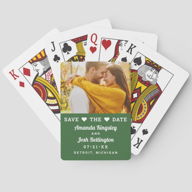 Save the Date Green Custom Wedding Photo Playing Cards (Back)