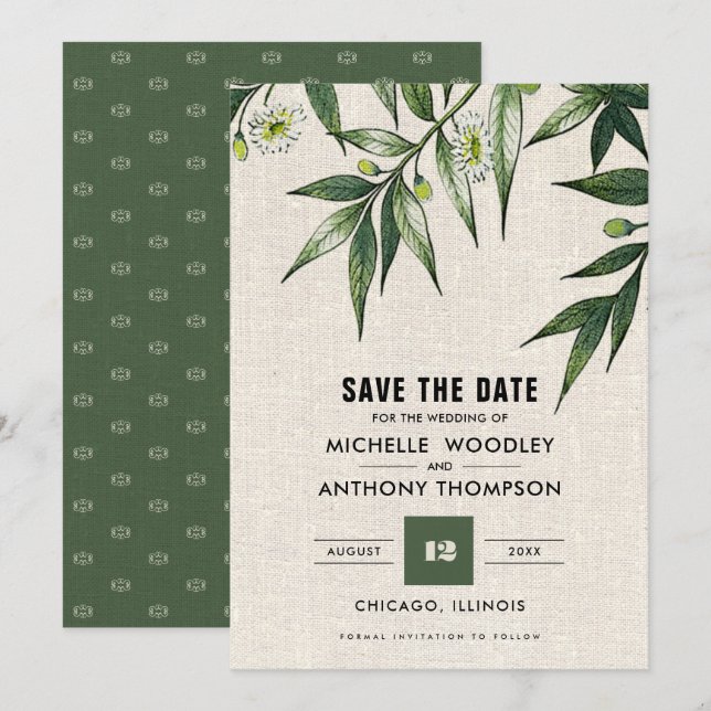 Save the Date. Greenery Botanical Burlap Cards (Front/Back)