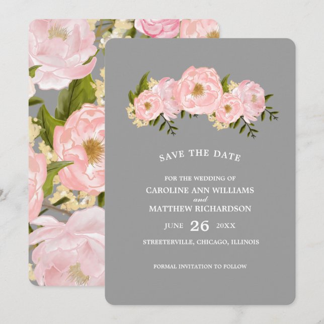 Save the Date. Grey Blush Pink Peonies Wedding Save The Date (Front/Back)