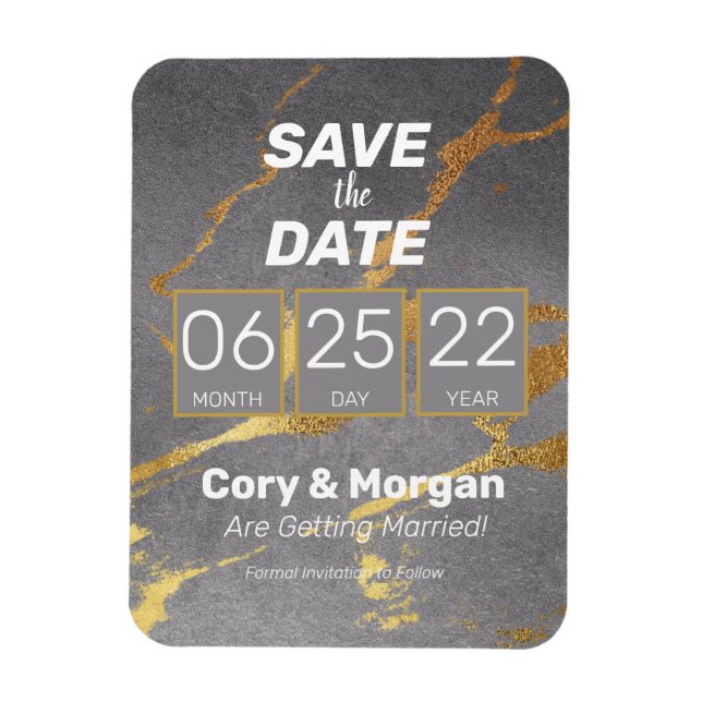 SAVE the DATE | Grey & Gold Marble Look Magnet (Vertical)