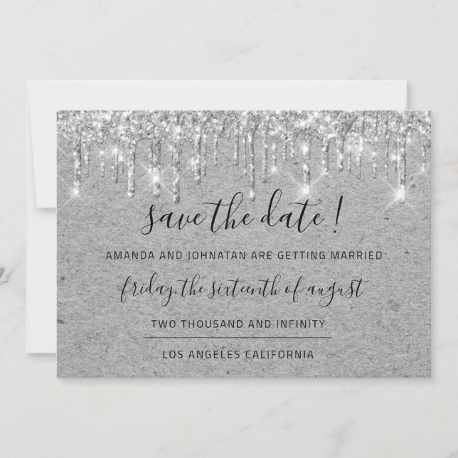 Save The Date  Grey Kraft Silver Drips Glitter (Front)