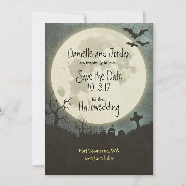 Save the Date Halloween wedding - moon, cemetery (Front)