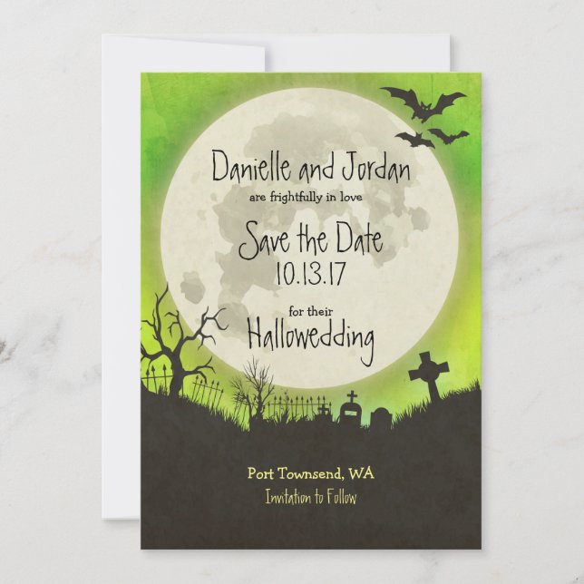 Save the Date Halloween wedding - moon, cemetery (Front)
